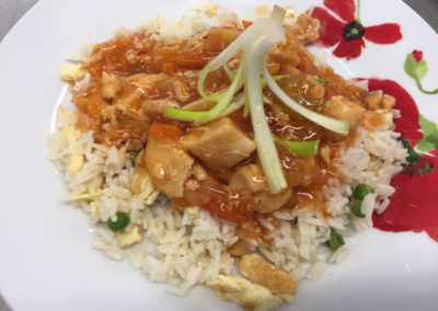 Close up view of a yummy looking sweet and sour chicken meal at Meyer House