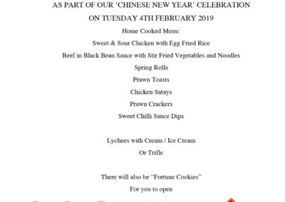 The Meyer House menu for their Chinese meal celebration on 5th February 2019