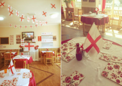 The Meyer House Care Home dining room with St George's Day decorations