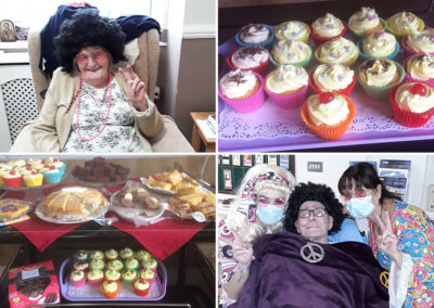 Residents in 60s costumes and a cake selection at Meyer House