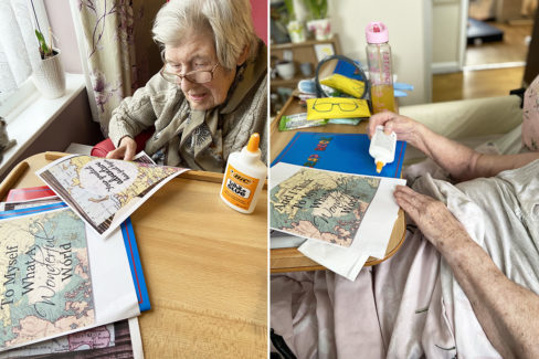 Meyer House Care Home resident making a personal travel journal
