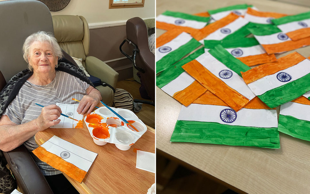 Painting Indian flags at Meyer House Care Home