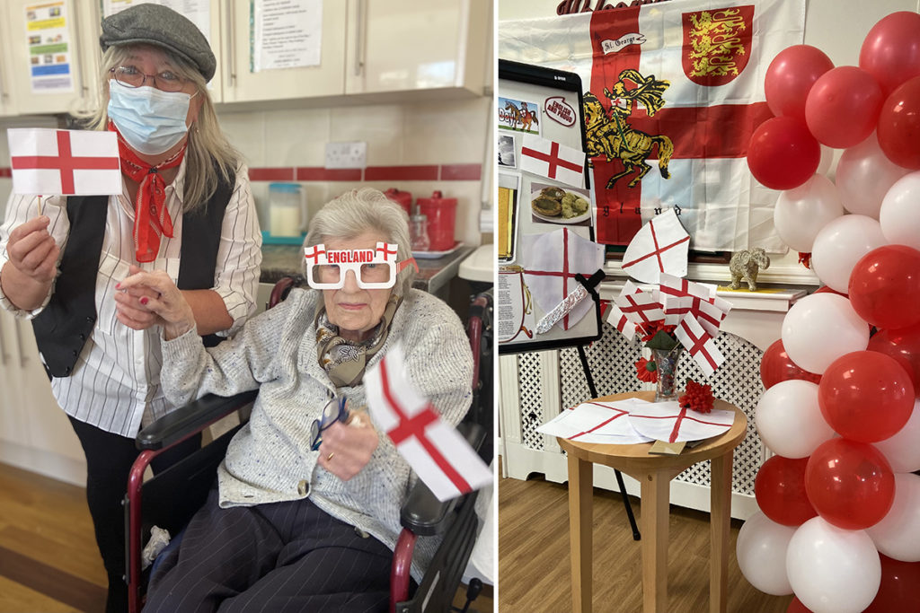 Celebrating St George's Day at Meyer House Care Home, with flags, props and balloons