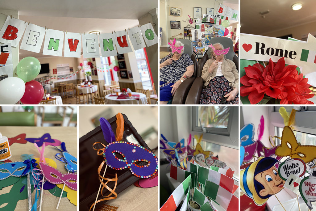 Italian themed decorations and masks at Meyer House Care Home