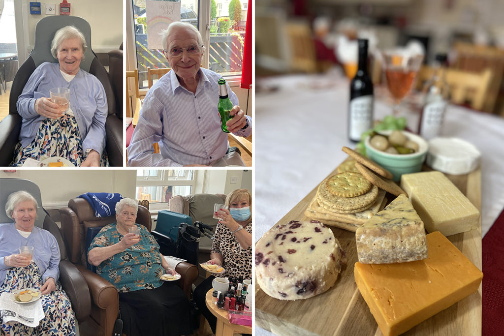 Meyer House Care Home residents and a family member enjoying cheese and wine