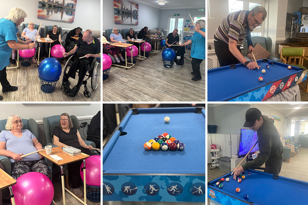Meyer House Care Home residents enjoy Drum Fit fun and pool competitions
